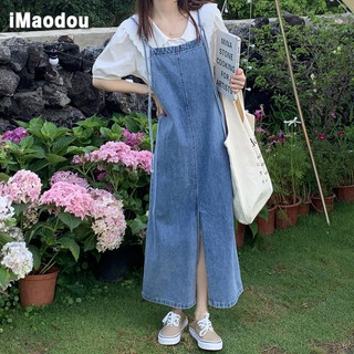 IMAODOU Váy denim dây đeo thời trang nữ mùa hè 2024 phiên bản Hàn Quốc lười biếng giảm tuổi tác mỏng ở phần dài của váy dây nĩa mở