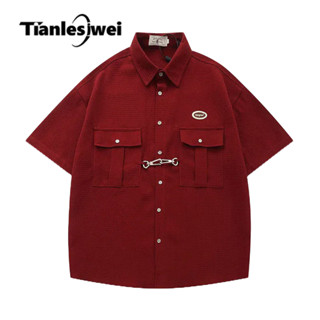 Tianlesiwei American Street College Style Áo Sơ Mi Đa Năng Mùa Hè Retro Waffle Hip-Hop Unisex Phong Cách Áo Sơ Mi Tay Ngắn