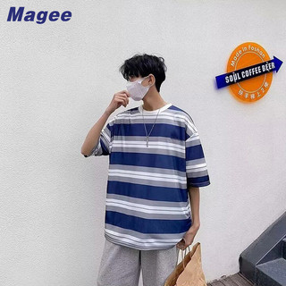 Magee Áo thun nam mới phiên bản Hàn Quốc cổ điển giản dị cao cấp khối màu sọc biển linh hồn áo sơ mi dáng rộng phù hợp với cặp đôi trẻ trung thời trang nửa tay áo