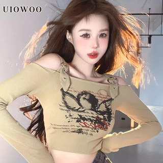 Áo thun dài tay in họa tiết Uiowoo dành cho nữ Áo trễ vai phong cách ngắn