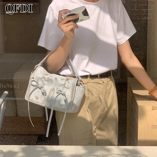 QFDI Mới retro Rửa Da Xếp Ly Nơ Túi Xe Máy Gối Túi nách Túi đeo dưới cánh tay Thời Trang Túi Đeo Ngang