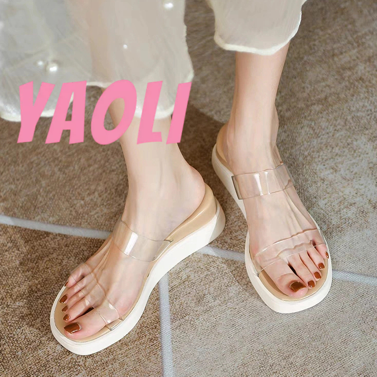 YAOLI  Dép Sandal Đế Xuồng Quai Ngang Trong Suốt Thời Trang Cho Nữ