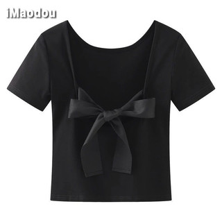 IMAODOU Áo thun cotton ngắn tay màu đen nữ mùa hè Slim đáy nơ không lưng đoạn ngắn áo nữ