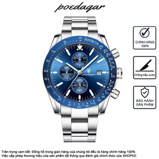 Đồng hồ nam đa chức năng POEDAGAR 988 Dây đeo bằng thép không gỉ Lịch Chronograph Dạ quang Chống nước Đồng hồ sang trọng Hợp thời trang Phong cách kinh doanh Đồng hồ kim loại