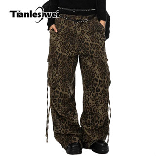 Tianlesiwei Mùa xuân unisex ống thẳng dáng rộng quần jean dài sàn cao cấp Mỹ quần jean in họa tiết da báo cổ điển