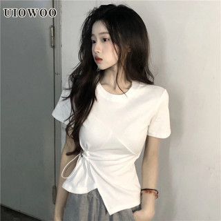 Uiowoo Trắng Dây Rút Vai Ngắn Tay Áo Thun Nữ Slim-Fit Ôm Hơn Nhìn