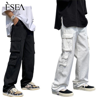 Esea Quần Túi Hộp Nam Thời Trang Hiphop Quần Ống Rộng Màu Trơn Trắng Quần Cargo Phối Nhiều Túi Phong Cách Hàn Quốc Quần Nam
