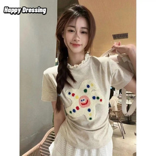 Phiên bản Hàn Quốc của thời trang ren chắp vá hoạt hình thêu áo thun ngắn tay thiết kế áo thun ngắn Nếp gấp bên trong, eo hẹp và thiết kế ôm vừa vặn
