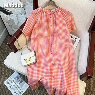IMAODOU Văn học màu hồng kẻ sọc rộng kem chống nắng smock đường viền cổ nhúm váy xếp nếp ngực 136 chiều dài 95