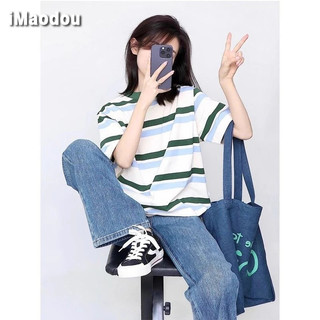 IMAODOU Dạo Phố Mỹ Retro Sọc Vai Ngắn Tay Áo Thun Nữ Mùa Hè 2024 Thiết Kế Phong Cách Mới Niche Top