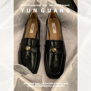 Yunguang Giày lười mũi vuông phẳng mùa thu đông dành cho nữ, phong cách Pháp, phong cách Anh, giày da nhỏ