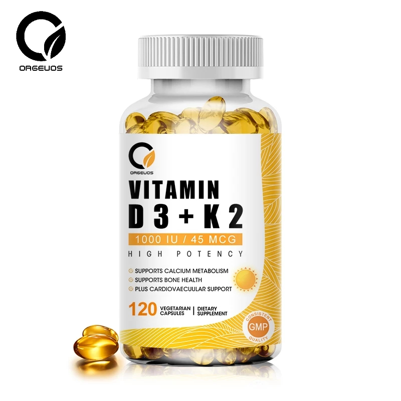 Orgeuos Vitamin D3 K2 Capsule 1000IU / 45Mcg Thúc đẩy quá trình trao đổi chất Canxi Bảo vệ sức khỏe xương &amp; sức khỏe tim mạch