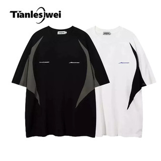 Tianlesiwei Mùa hè tương phản màu sắc nối dáng rộng phong cách trung tính Áo thun ngắn tay xe máy đường phố cao cấp Mỹ