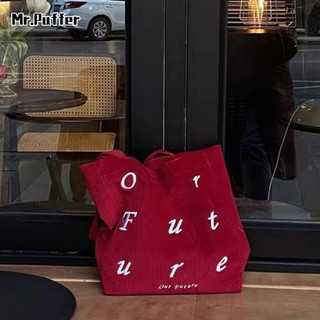 Mr.puffer Mới Màu Đỏ Dây Đeo Vai Retro Nữ Đa Năng Dung Tích Lớn Thêu Túi Tote Đơn Giản