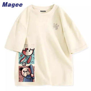 Magee Áo thun nam mới phiên bản Hàn Quốc cổ điển giản dị cao cấp cotton nguyên chất in hoạt hình thiết kế cảm giác nặng nề phụ nữ oversize dáng rộng cặp đôi thời trang nửa tay áo