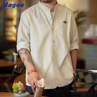 Magee Mới Áo Sơ Mi Bóng Chày Cổ Đứng Tay Dài Dáng Rộng Kẻ Sọc Dọc Phong Cách retro Hàn Quốc Đơn Giản Cho Cặp Đôi
