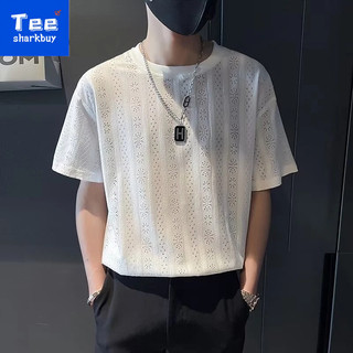 Phiên bản Hàn Quốc Áo thun ngắn tay xếp li nam cổ tròn mùa hè