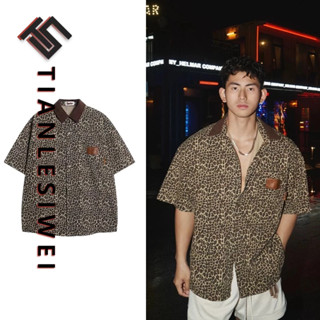 Tianlesiwei Áo sơ mi đường phố mùa hè mới in họa tiết da báo Mỹ áo sơ mi ngắn tay dáng rộng