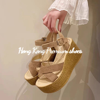 Hong Kong Premium shoes❥(^_-)  Dép Mới Đế Dày Tăng Thời Trang Nêm Chống Thấm Nước Nền Tảng Dây Đeo Giày La Mã