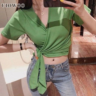 Uiowoo Cổ Chữ V Hai Tay Dây Ngắn Rốn Trái Cây Xanh Áo Thun Tay Ngắn