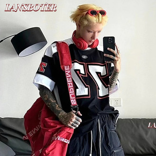 Lansboter Nam Tay Ngắn Mùa Hè Mỹ Retro Cao Cấp Hip-Hop Tương Phản Màu Sắc Nối Áo Thể Thao