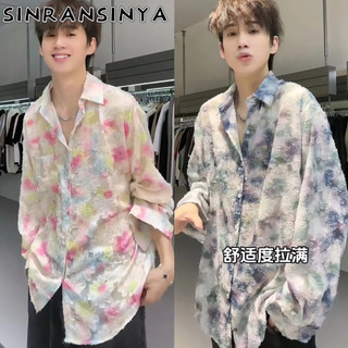 Sinransinya Áo Sơ Mi Nam Mới Phiên Bản Hàn Quốc Retro Cổ Cao Cấp Buộc Nhuộm Hoa Thiết Kế Nhiều Màu Sắc Cảm Giác Hip Hop Rời Thanh Niên Cặp Đôi Thời Trang Cổ Polo Dài Tay Top