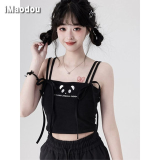 IMAODOU Nhật Bản Ngọt Ngào Dễ Thương In Hình Gấu Trúc Ngắn Áo vest Nữ Mới cotton Dây Rút rốn Không Tay top Triều