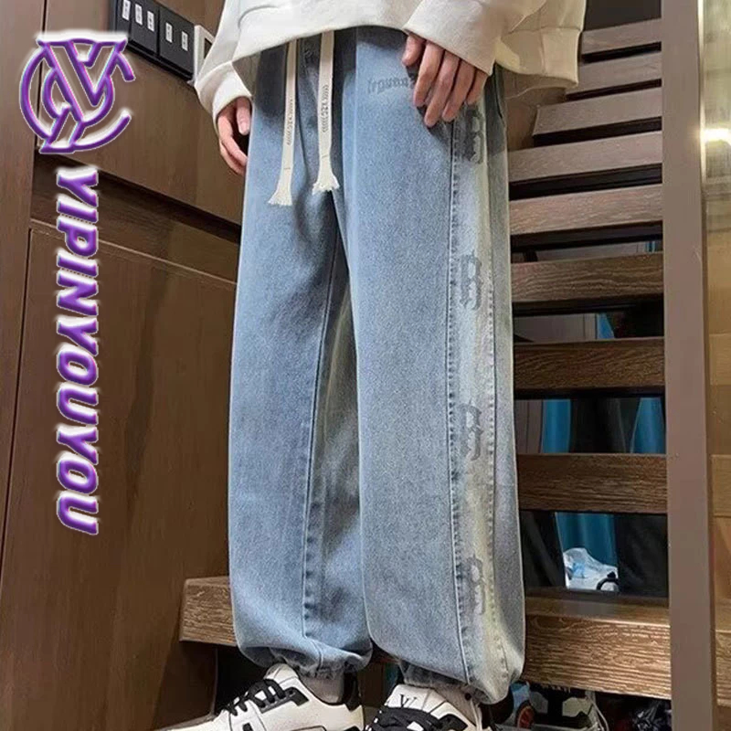 Yipinyouyou Quần Denim Mỹ Retro In Hình Chân Thẳng Định Hình Đơn Giản Cao Cấp Nam Quần Thường Ngày