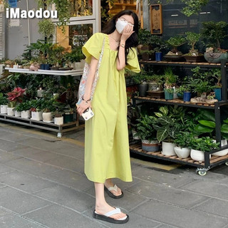 IMAODOU Tình yêu đầu tiên của Pháp ngọt ngào cà vạt bong bóng tay áo mùa hè 2023 mới sang trọng cổ vuông dáng rộng váy dài vừa phải nữ