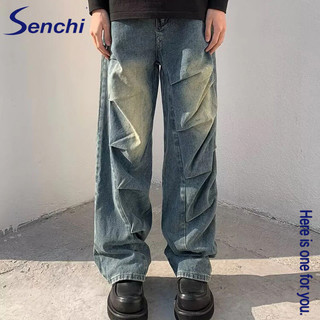 Senchi Jeans nam Mỹ retro dáng rộng ống rộng thẳng quần dạo phố mát mẻ