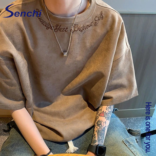Senchi Maillard da lộn áo thun ngắn tay nam thương hiệu hợp thời trang thêu đẹp trai nửa tay
