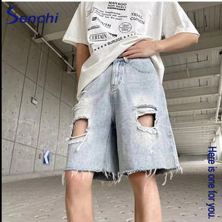 Senchi Washed rách quần short denim nam thời trang mùa hè thương hiệu quần thô viền Mỹ