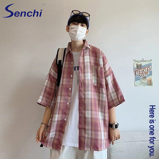 Áo sơ mi ngắn tay kẻ sọc Senchi Áo sơ mi dáng rộng hợp thời trang phong cách Hồng Kông