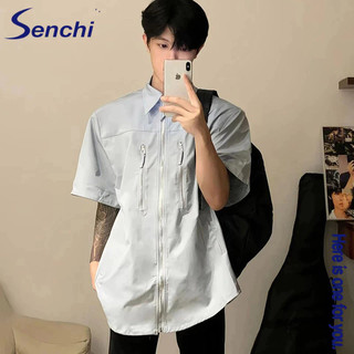 Senchi Sky màu xanh đệm vai dây kéo áo sơ mi ngắn tay mùa hè hợp thời trang thương hiệu áo sơ mi cao cấp mỏng