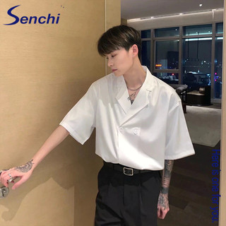 Áo sơ mi ngắn tay mùa hè Senchi nam dáng rộng vừa vặn áo sơ mi mỏng phiên bản Hàn Quốc xu hướng màu trơn cao cấp xếp nếp hàng đầu