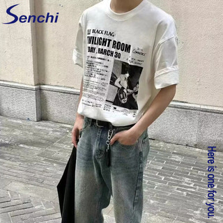 Senchi American retro Áo thun nam in hình mùa hè sản phẩm mới hợp thời trang thương hiệu INS đường phố cao nửa tay dáng rộng tay ngắn