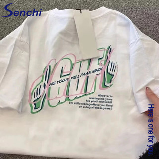 Senchi Áo thun ngắn tay nam thương hiệu hợp thời trang thể thao ngoại cỡ nam mới dáng rộng cổ tròn in hình phổ biến bên trong hàng đầu