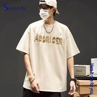 Senchi Mỹ tay ngắn thời trang đường phố cao cấp thương hiệu áo thun nam mùa hè thêu chữ cái cổ tròn phong cách mới