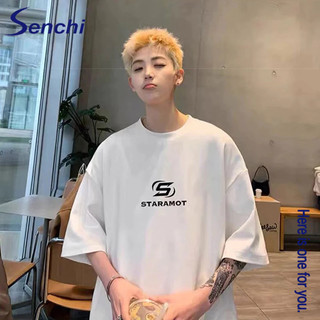 Áo thun ngắn tay phong cách Senchi Hồng Kông nam dáng rộng cổ tròn màu trắng đa năng áo thun cặp đôi nửa tay thông thường