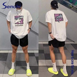 Senchi Áo thun nam ngắn tay thời trang dáng rộng cổ tròn hợp thời trang phong cách Hàn Quốc hoạt hình nửa tay hàng đầu