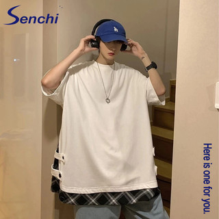 Senchi Thiết kế cotton ngắn tay dành cho nam thương hiệu hợp thời trang phong cách Hồng Kông Áo thun dáng rộng cỡ lớn