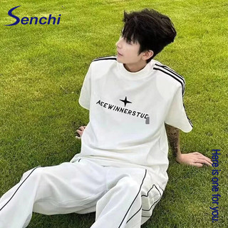 Senchi Waffle Áo thun nam dáng rộng sọc thể thao hàng đầu Mỹ cổ điển thương hiệu thời trang đường phố cao cấp
