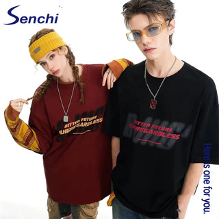 Senchi American Retro Tay Ngắn Nam Áo Thun Cotton Nặng Rời Màu Đỏ Thể Thao Áo Thun