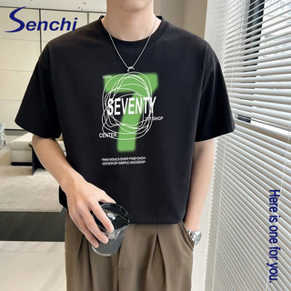 Áo thun nam Senchi thiết kế thích hợp in hình tay ngắn cotton nguyên chất dáng rộng bf phong cách lười biếng