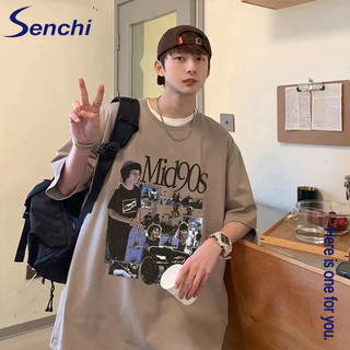 Áo thun nam Senchi đường phố cao cấp Mỹ cotton nguyên chất đường viền cổ nhỏ tay ngắn đẹp trai áo thun nửa tay
