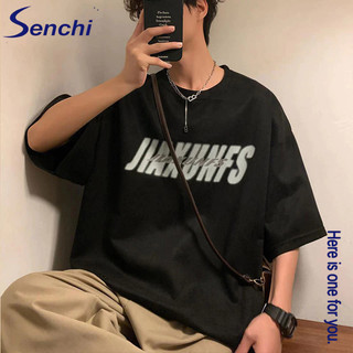 Senchi Áo thun ngắn tay nam da lộn thương hiệu hợp thời trang ins áo thun cổ điển cao cấp giản dị