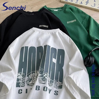 Áo thun nam Senchi thời trang quốc gia đường phố cao cấp cotton nguyên chất ngắn tay dáng rộng in hình áo thun thời trang