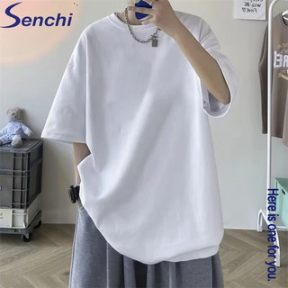 Áo thun nam Senchi màu trơn cổ tròn nửa tay áo dáng rộng đơn giản