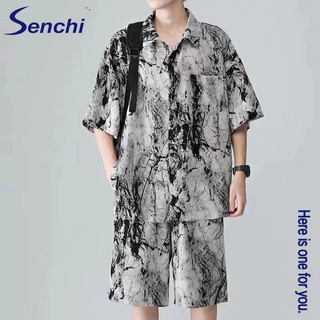 Senchi Ink tie-dye phù hợp với áo sơ mi nam hoa ngắn tay cao cấp áo sơ mi lụa băng mới phong cách Trung Quốc bộ đồ nam
