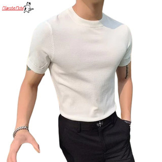 Áo len dệt kim nam, vừa vặn, áo thun ngắn tay, cổ tròn đa năng, đế giản dị